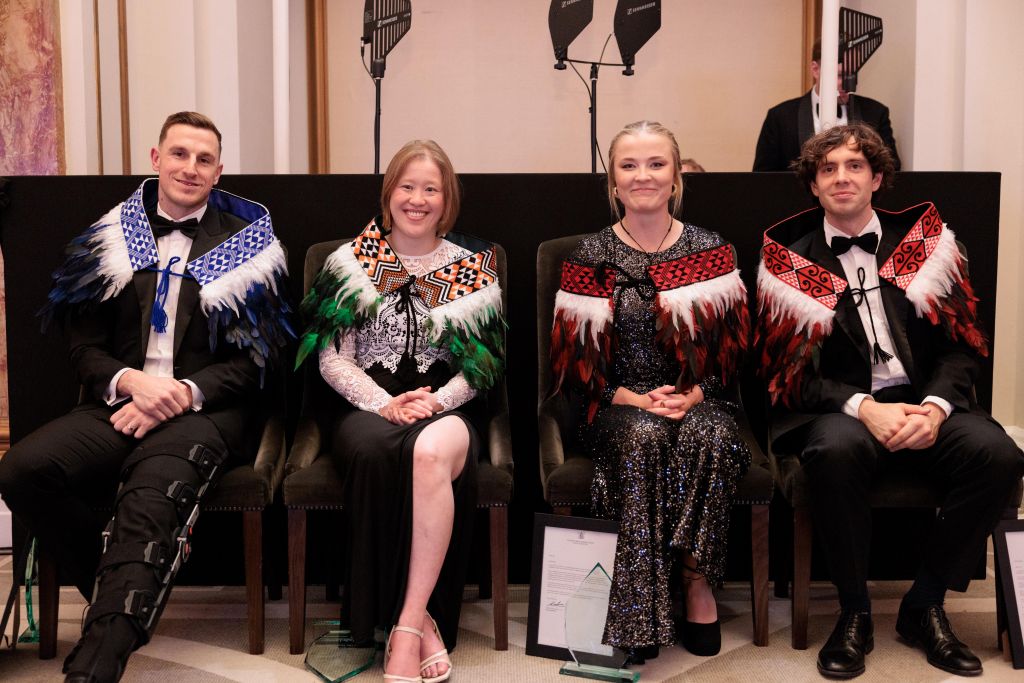 Left to right: Chris Wood, All Whites captain and Nottingham Forest player and Pride of New Zealand Award recipient; Dr Jade Leung, AI advisor to UK Prime Minister Keir Starmer and New Zealander of the Year; Meg Lay, Young New Zealander of the Year; and D