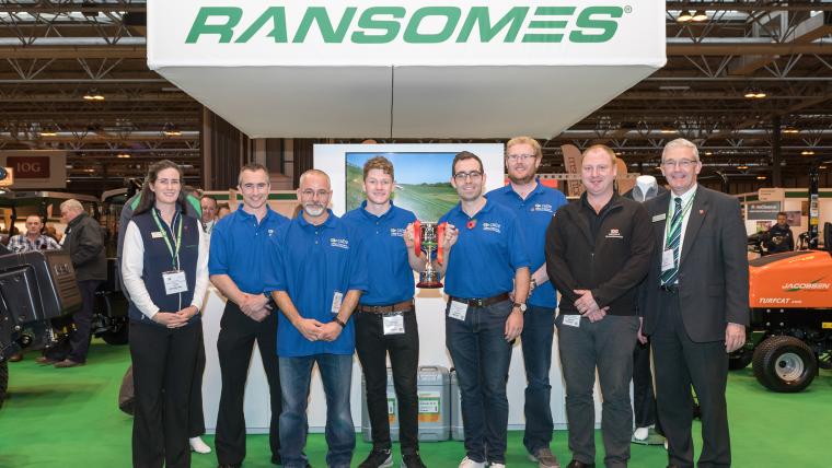 SALTEX College Cup winners, CAFRE, with Ramsones' marketing and comms manager Karen Proctor (left), IOG learning manager Dan Prest (second from right) and Ransomes' MD Alan Prickett (right) 